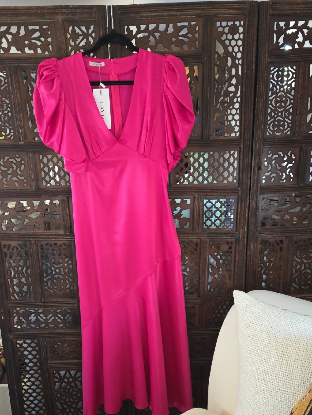 Cayro Fushia Pink V-Neck Puff Sleeve Maxi Dress NWT